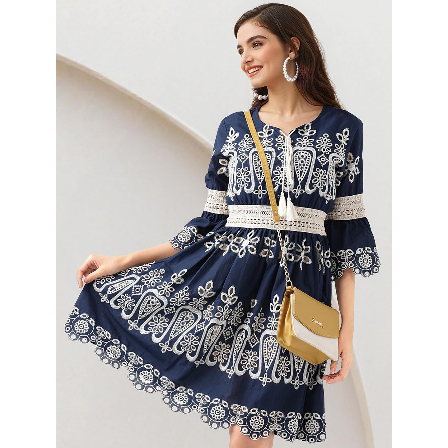 Ishin Schiffli Pure Cotton A-Line Dress Navy Blue