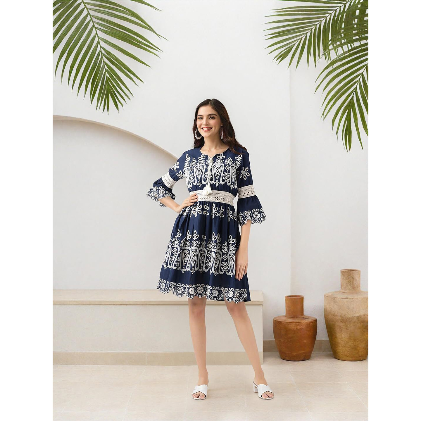 Ishin Schiffli Pure Cotton A-Line Dress Navy Blue