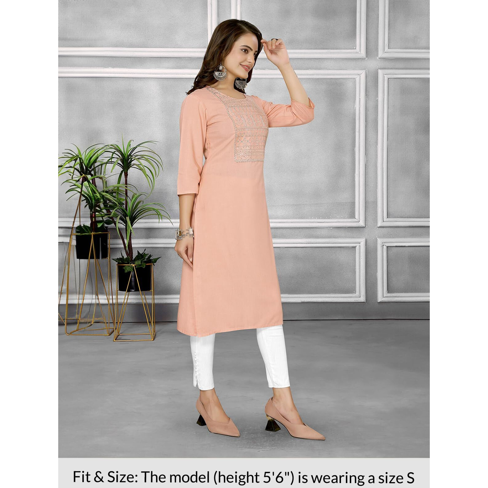 Rangita Peach Rayon Knee Length Embroidered Straight Kurti For Women | Kurta For Women_M