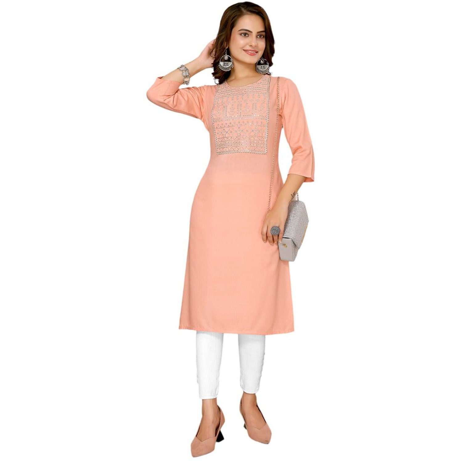 Rangita Peach Rayon Knee Length Embroidered Straight Kurti For Women | Kurta For Women_Xl