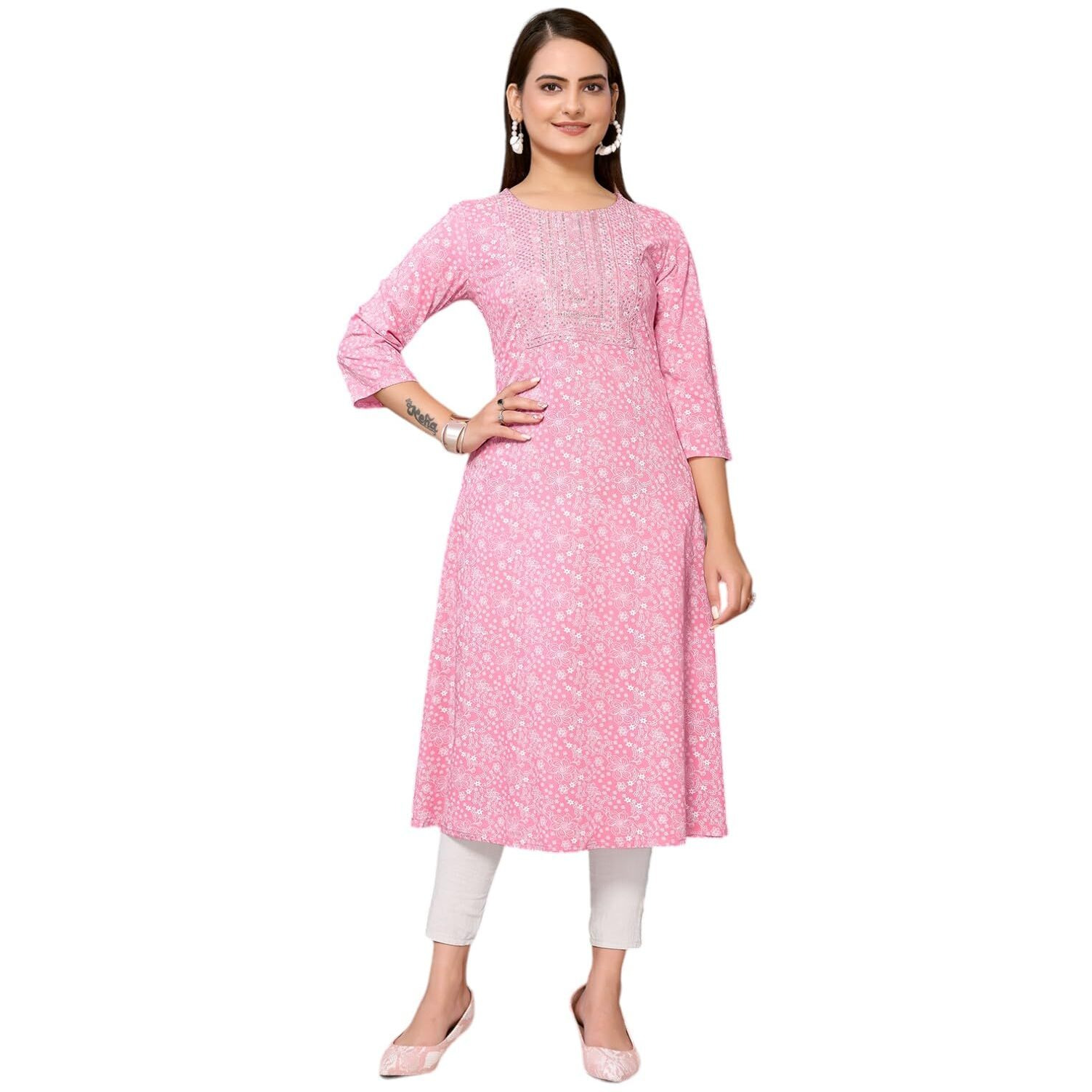 Rangita Pink Rayon Calf Length Embroidered A-Line Kurti For Women | Kurta For Women_S