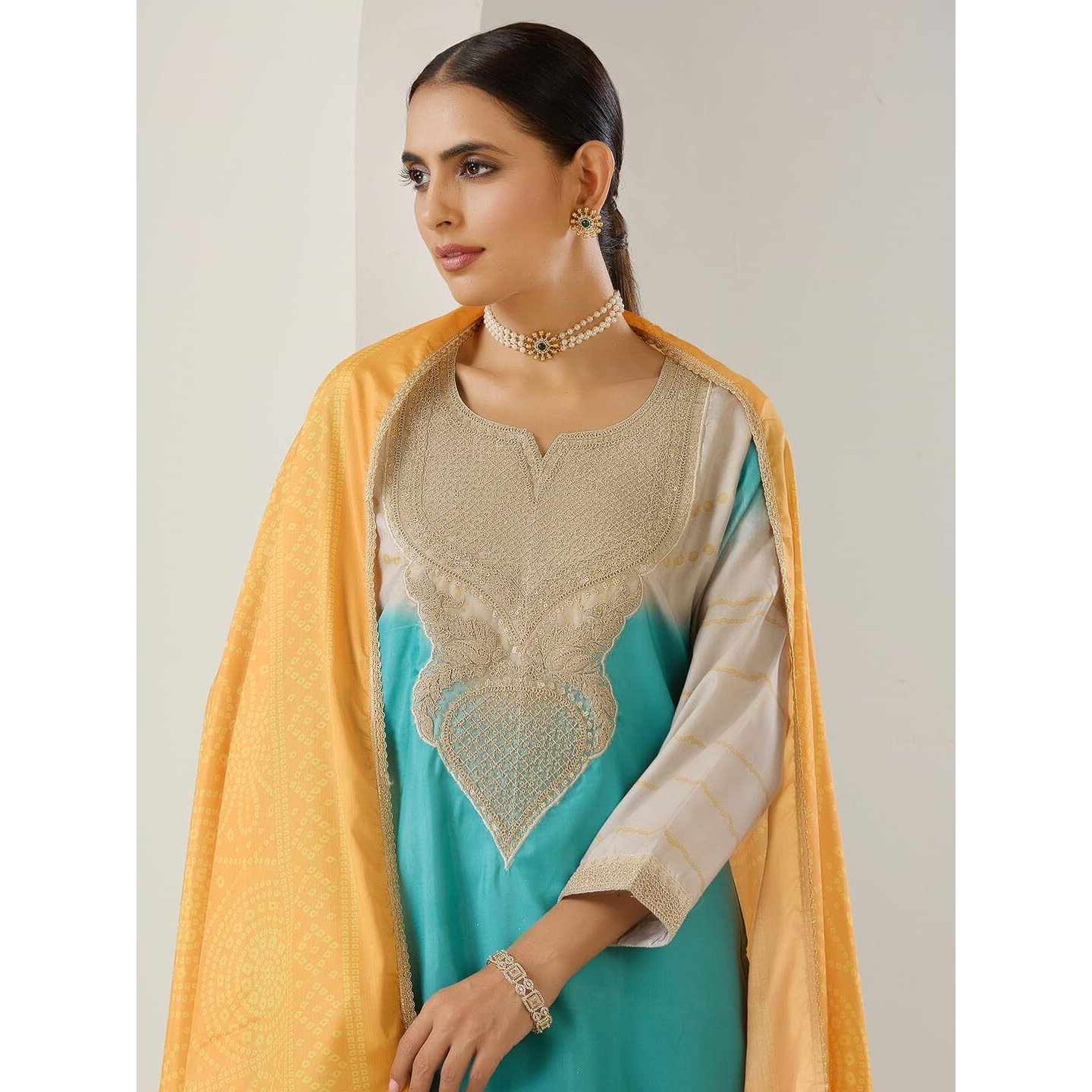Ishin Gold Zari Yoke Embroidered Straight Kurta With Pants And Dupata