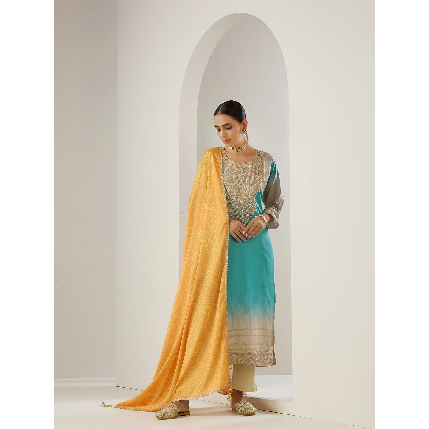 Ishin Gold Zari Yoke Embroidered Straight Kurta With Pants And Dupata
