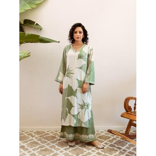 Ishin Floral Placement Printed Embellished Neck Kurta With Palazzo