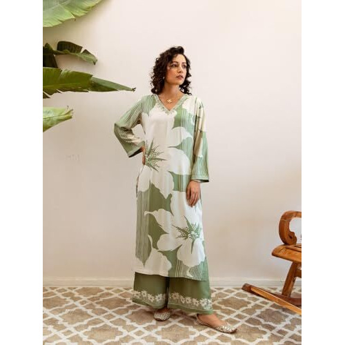 Ishin Floral Placement Printed Embellished Neck Kurta With Palazzo