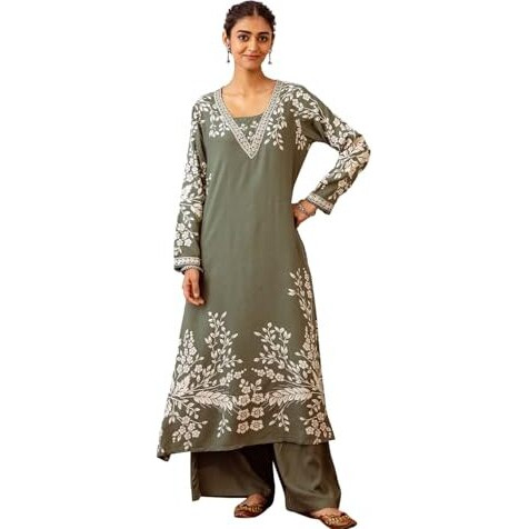 Ishin Green Floral Printed A-Line Kurta With Palazzo