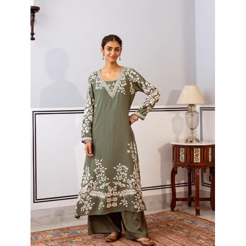 Ishin Green Floral Printed A-Line Kurta With Palazzo