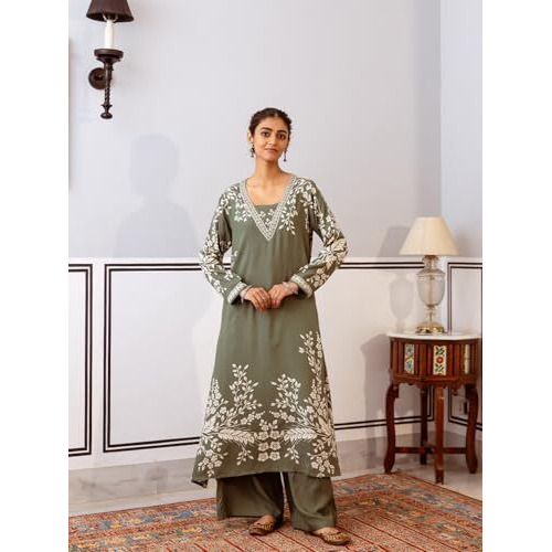 Ishin Green Floral Printed A-Line Kurta With Palazzo