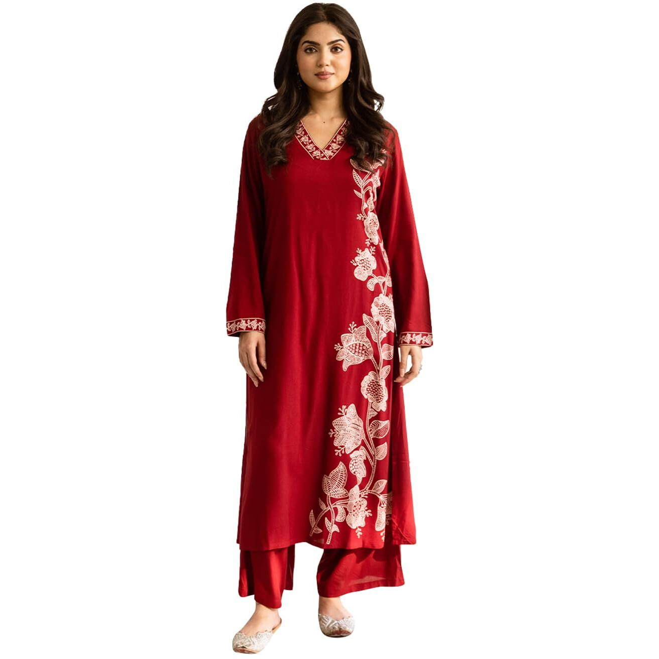 Ishin Maroon Floral Printed Kurta With Solid Palazzo