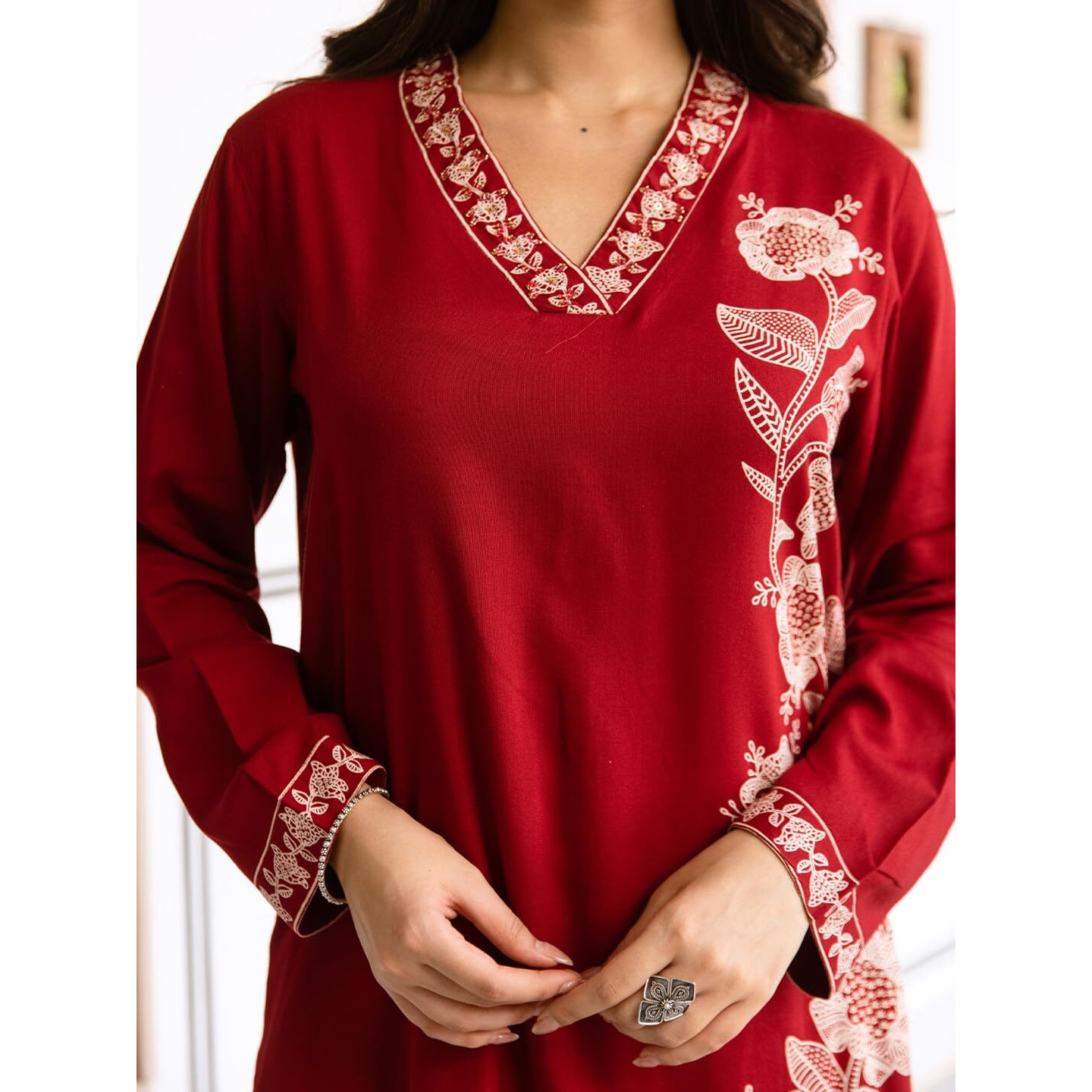 Ishin Maroon Floral Printed Kurta With Solid Palazzo