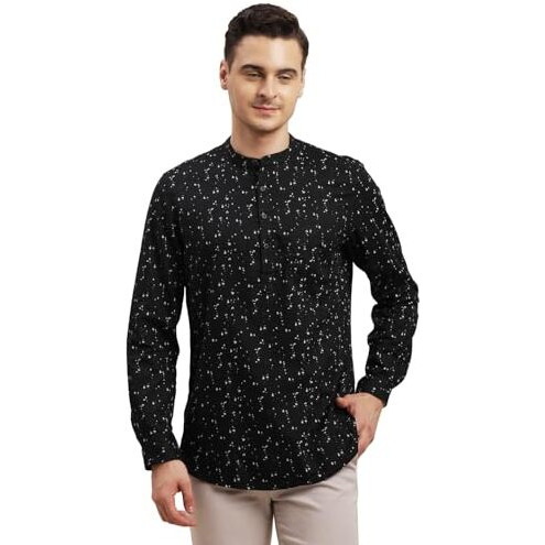 Turtle Men 100% Cotton Printed Kurta Black Casual Shirt