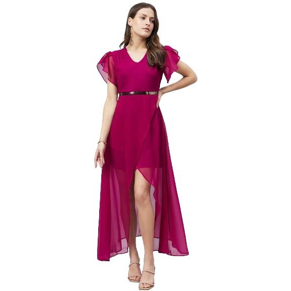 Style Quotient Women Wine Coloured Georgette Evening Maxi Dress