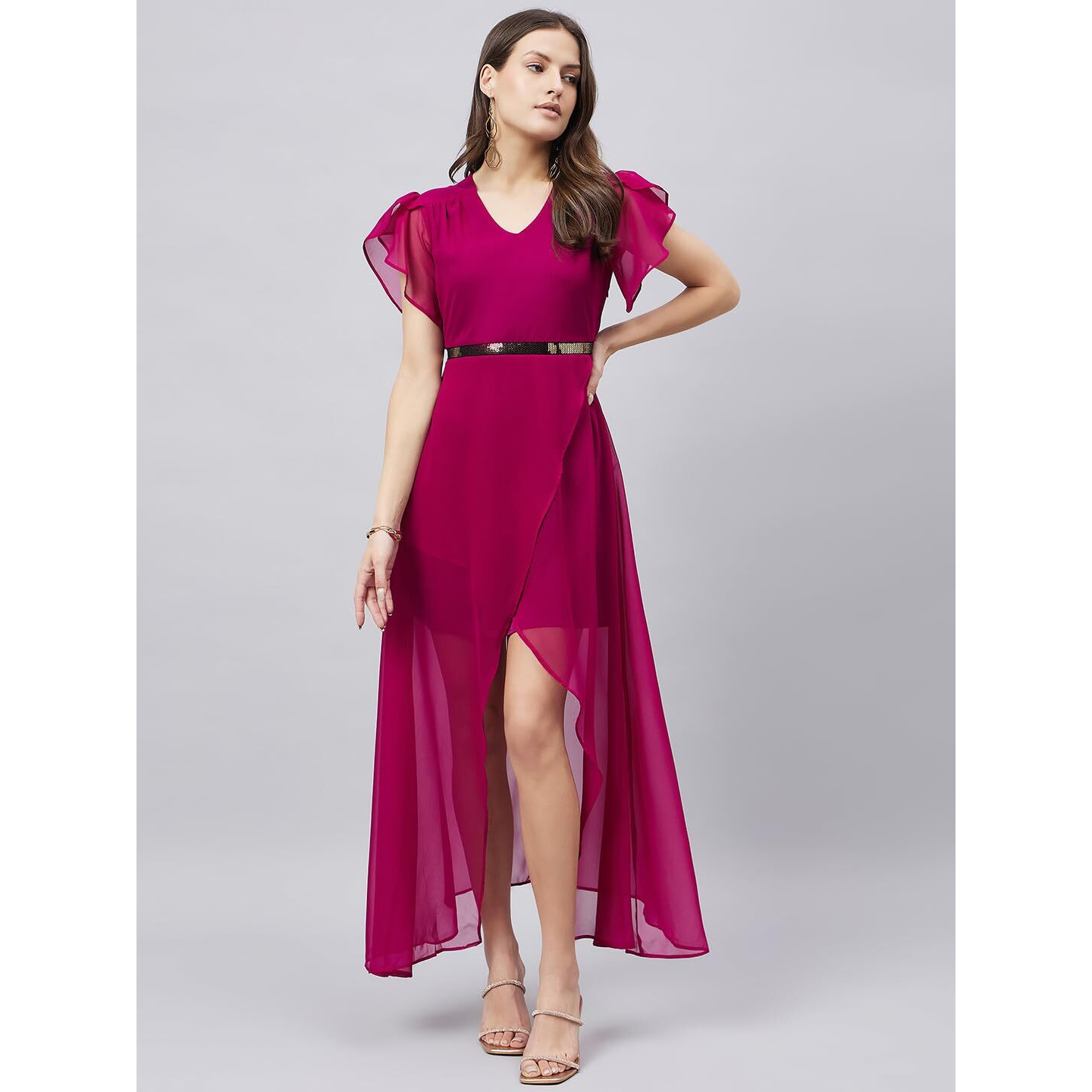 Style Quotient Women Wine Coloured Georgette Evening Maxi Dress