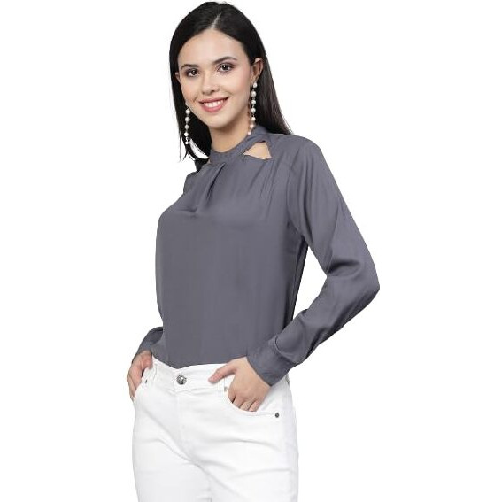 Style Quotient Women Solid Grey Polyester Cutout Smart Formal Top