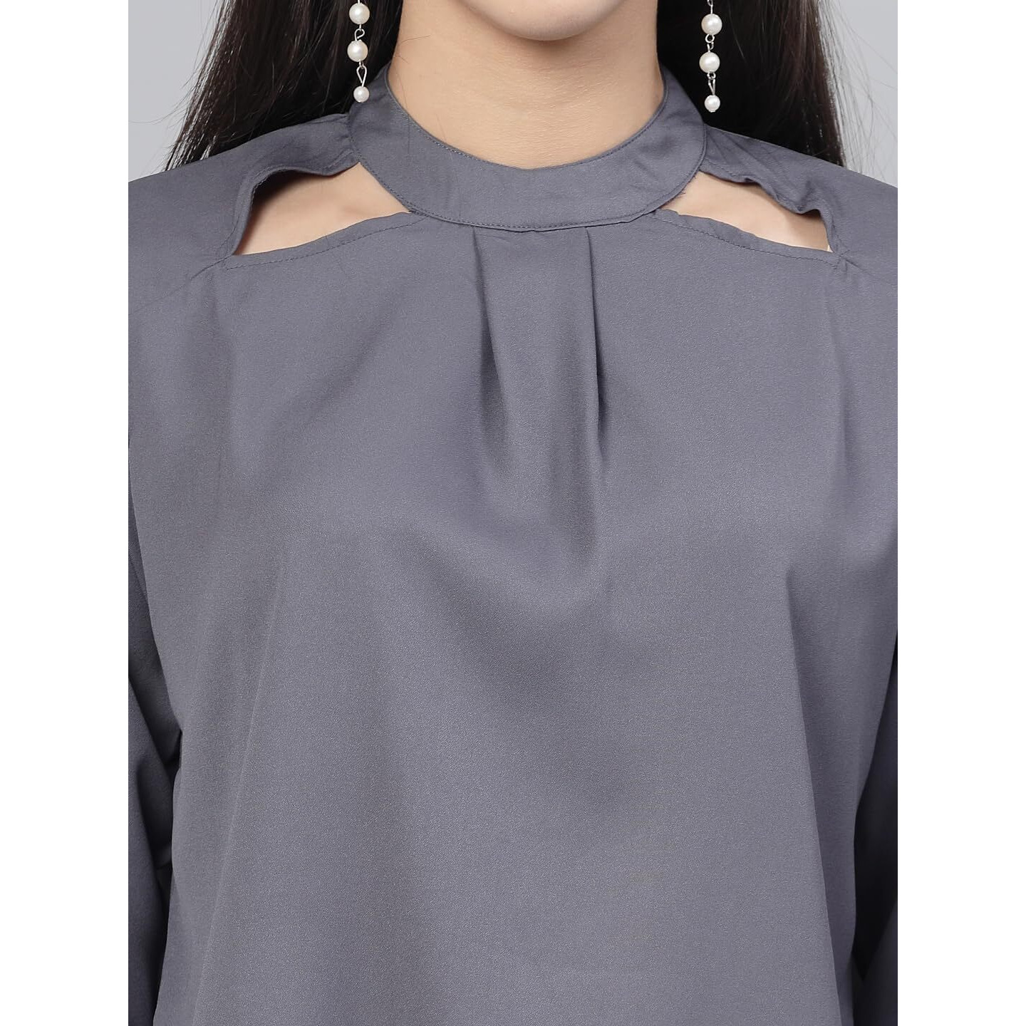 Style Quotient Women Solid Grey Polyester Cutout Smart Formal Top
