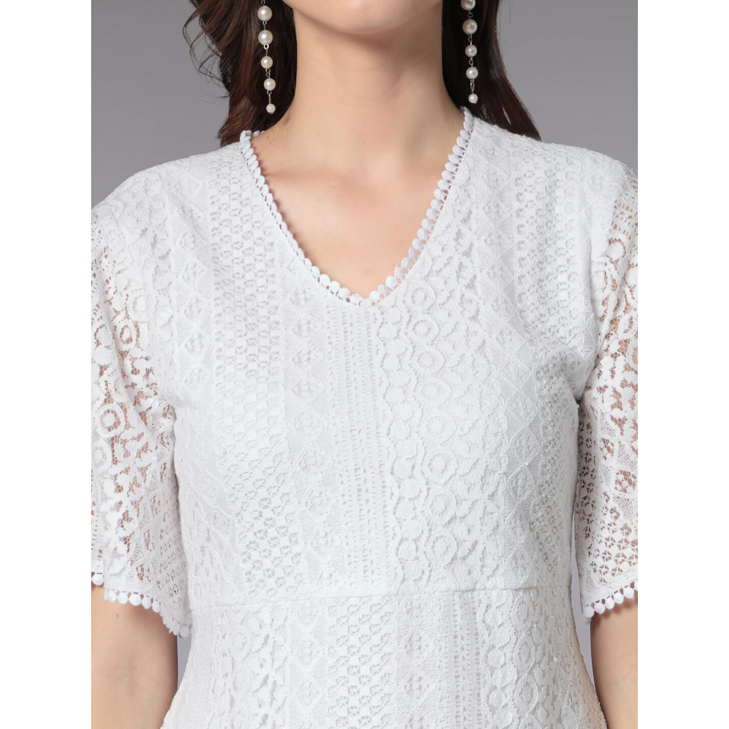 Style Quotient Women Smart Casual White Knee-Length Lace Dress