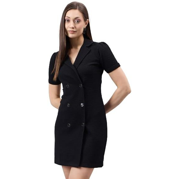 Style Quotient Women Solid Black Texture Polyester Regular Fit Semi Formal Blazer Dress