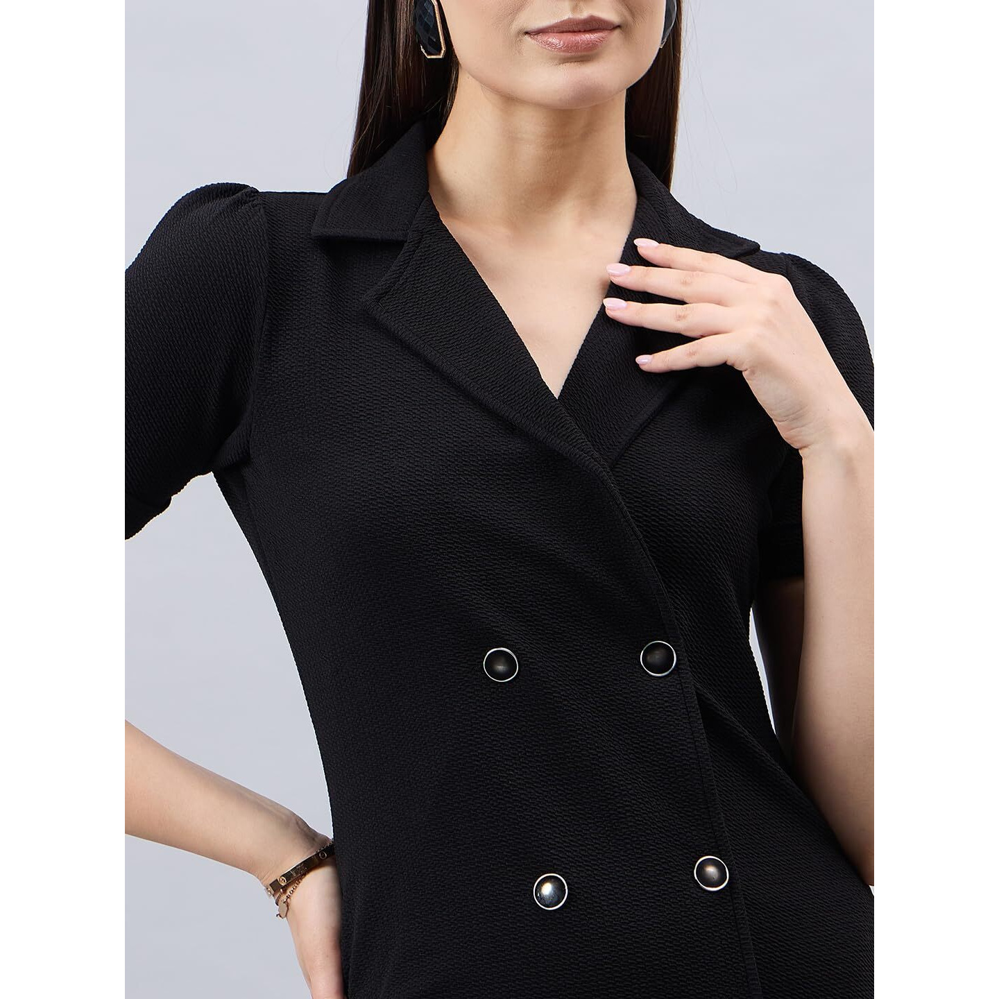 Style Quotient Women Solid Black Texture Polyester Regular Fit Semi Formal Blazer Dress
