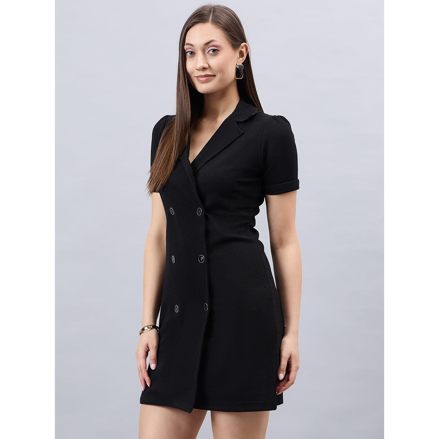 Style Quotient Women Solid Black Texture Polyester Regular Fit Semi Formal Blazer Dress