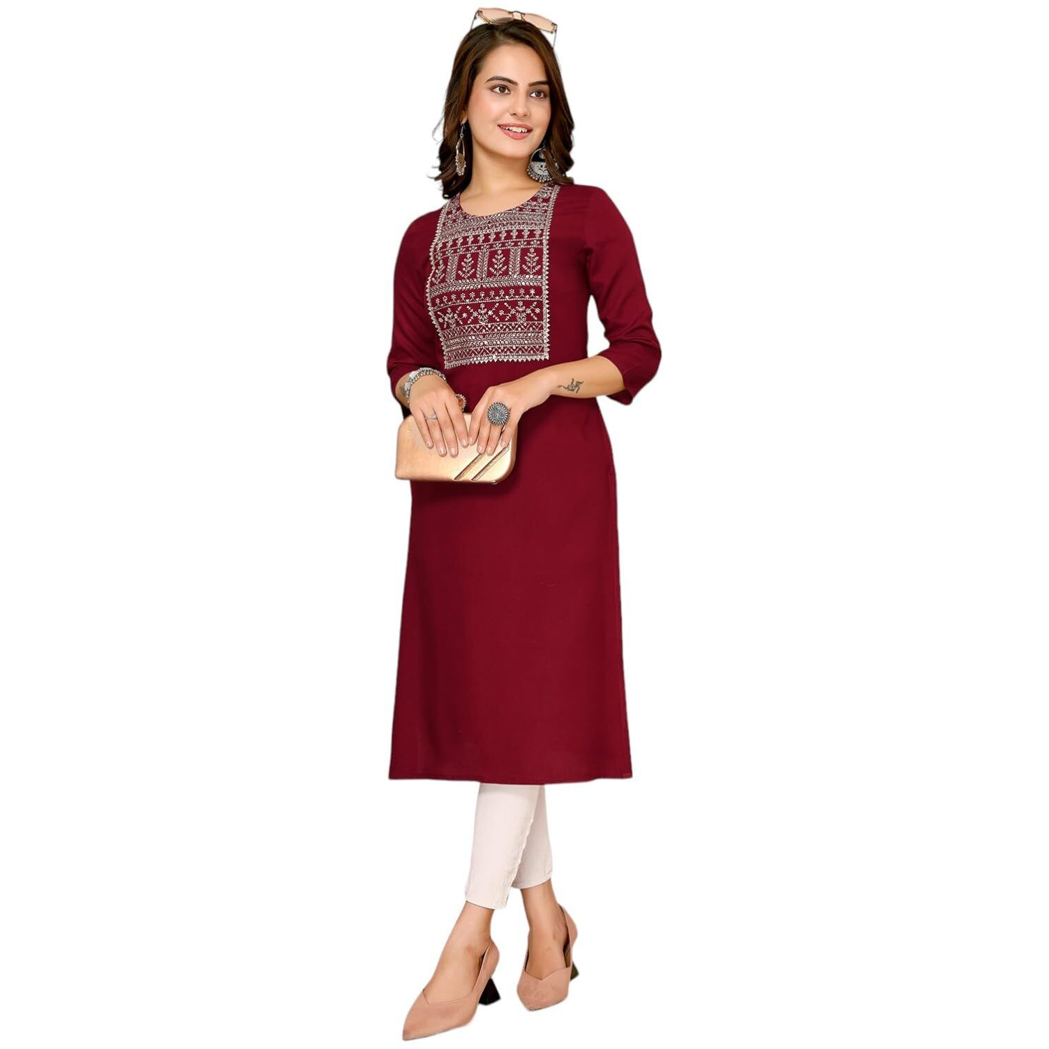 Rangita Maroon Rayon Calf Length Embroidered Straight Kurti For Women | Kurta For Women_3Xl