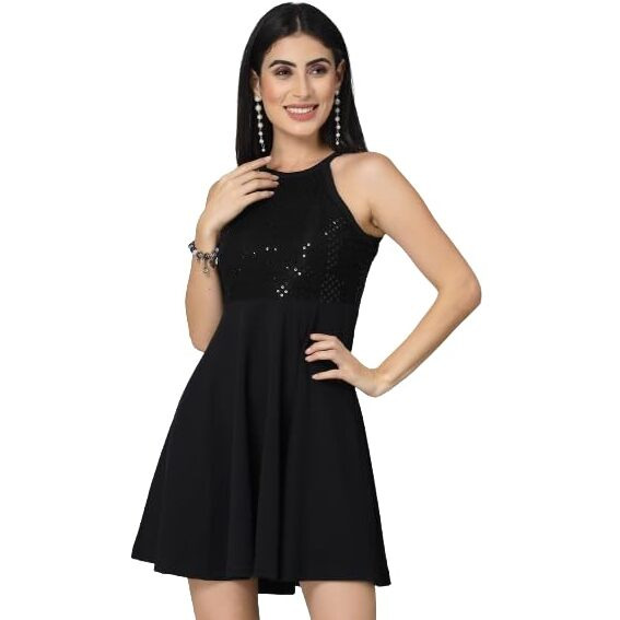 Style Quotient Women Black Embellished Poly Knit Fit And Flare Dress