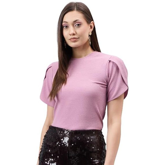 Style Quotient Women Solid Dusty Rose Poly Knit Smart Casual Regular Tulip Sleeve Top