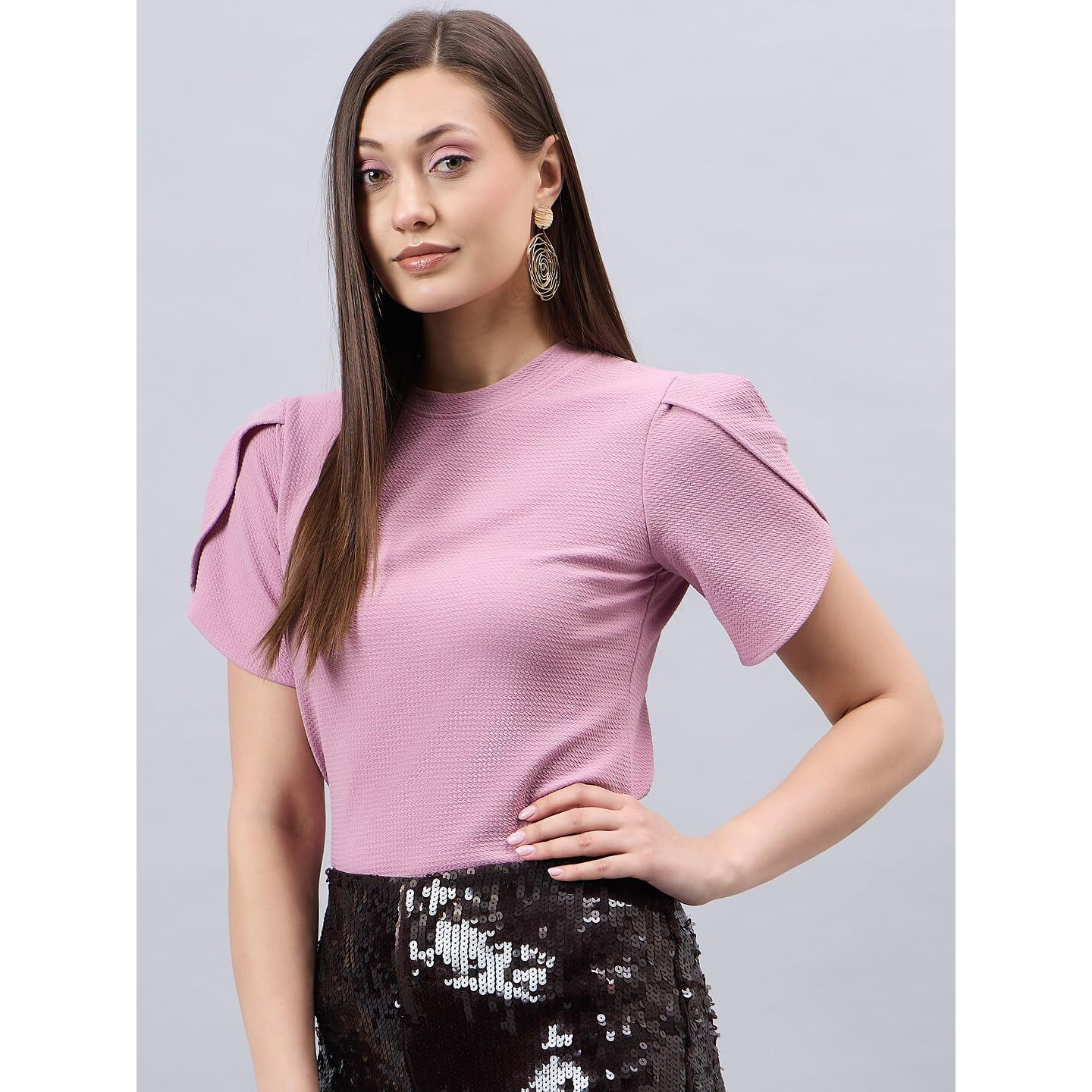 Style Quotient Women Solid Dusty Rose Poly Knit Smart Casual Regular Tulip Sleeve Top