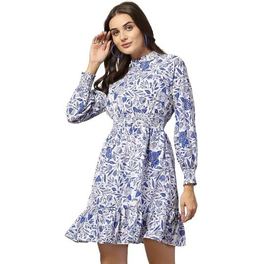 Style Quotient Women Floral Printed Blue And White Regular Fit Smart Casual Polycrepe Dress
