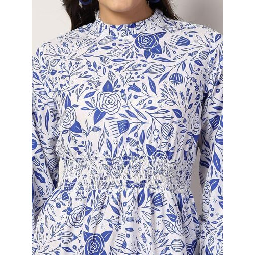 Style Quotient Women Floral Printed Blue And White Regular Fit Smart Casual Polycrepe Dress