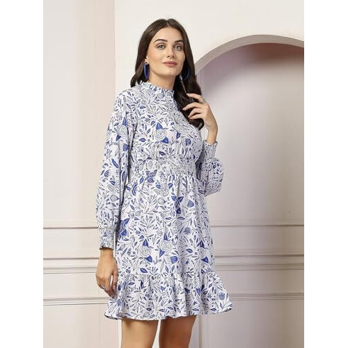 Style Quotient Women Floral Printed Blue And White Regular Fit Smart Casual Polycrepe Dress