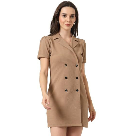 Style Quotient Women Solid Brown Texture Polyester Regular Fit Semi Formal Blazer Dress