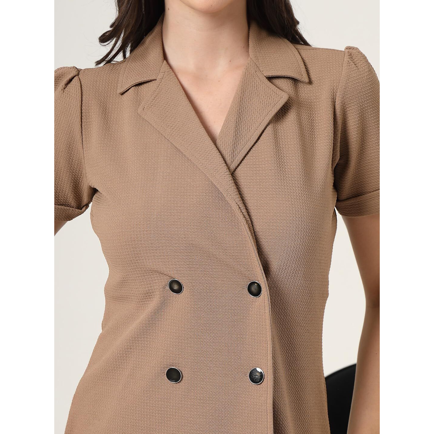 Style Quotient Women Solid Brown Texture Polyester Regular Fit Semi Formal Blazer Dress