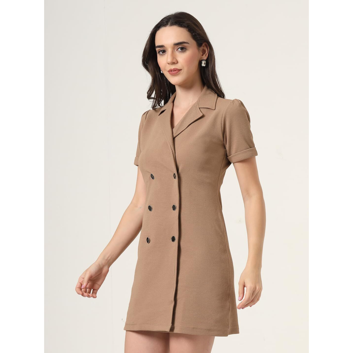 Style Quotient Women Solid Brown Texture Polyester Regular Fit Semi Formal Blazer Dress