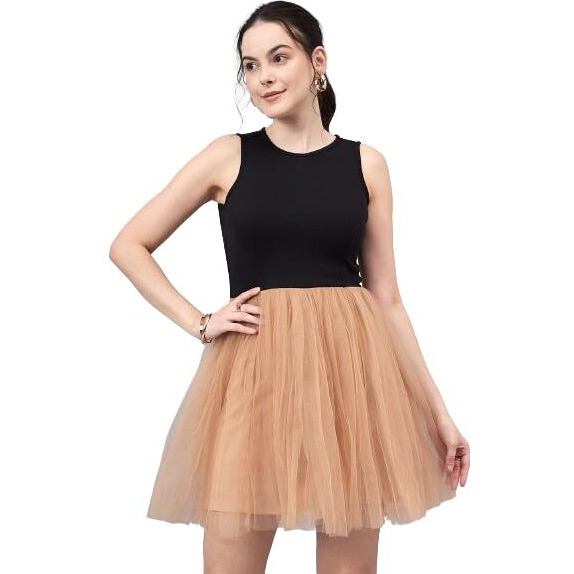 Style Quotient Women Black Beige Colourblocked Net Dress