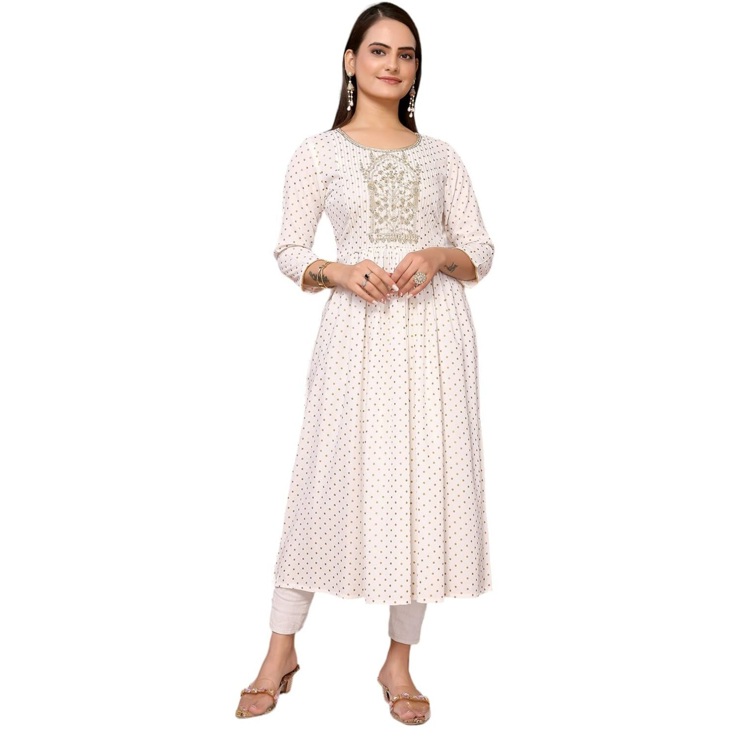 Rangita Off White Rayon Calf Length Embroidered Anarkali Kurti For Women | Kurta For Women_M