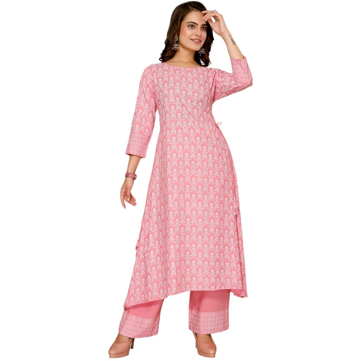 Rangita Pink Rayon Printed A-Line Kurta With Pant | Kurta Set For Women_M