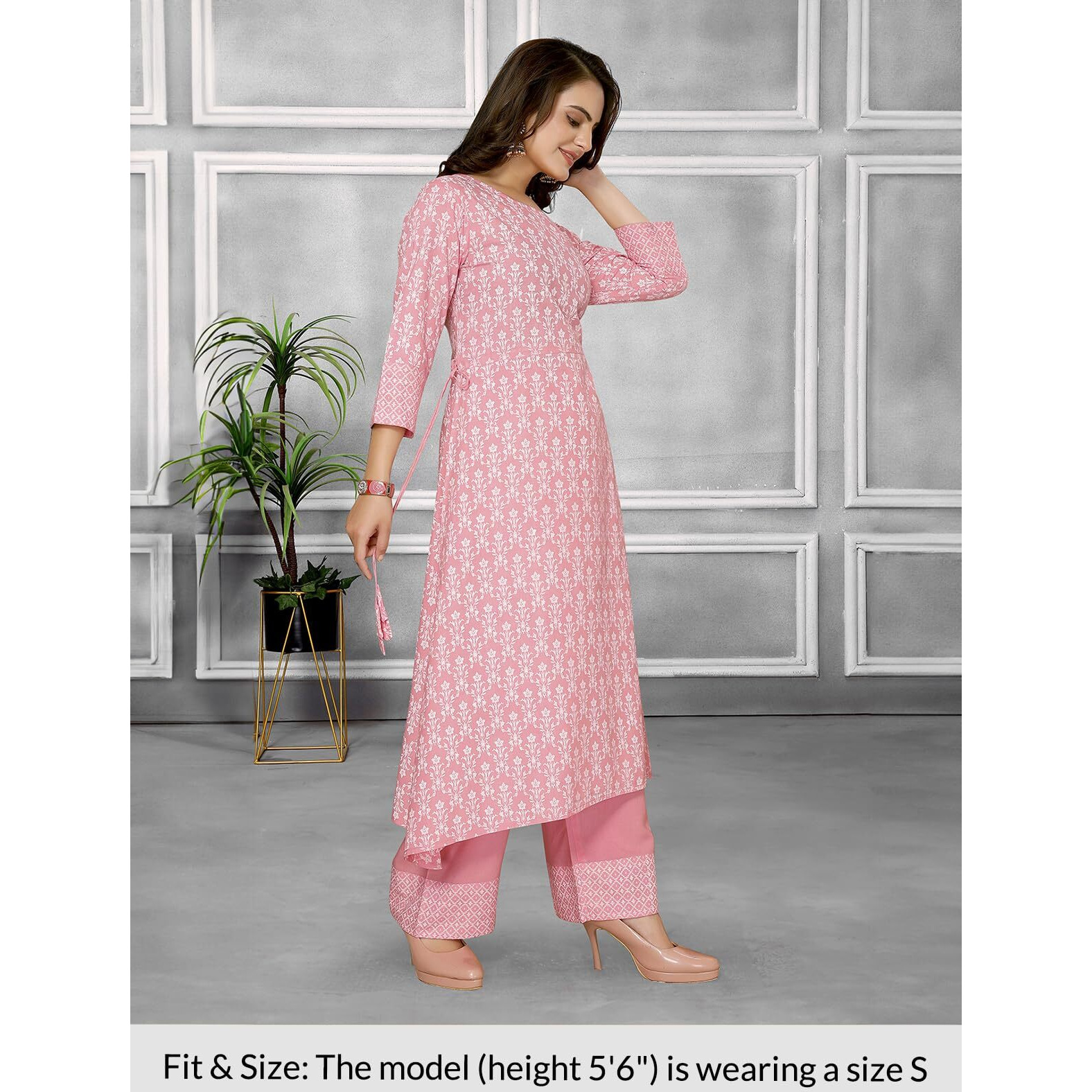 Rangita Pink Rayon Printed A-Line Kurta With Pant | Kurta Set For Women_M