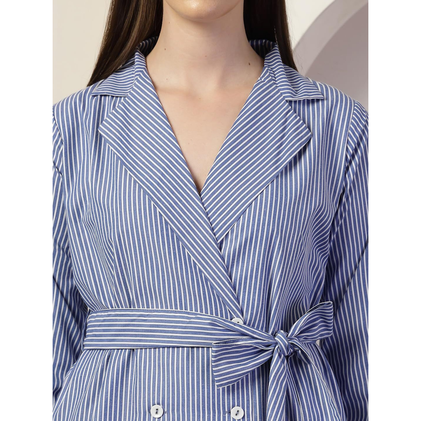 Style Quotient Women Blue And White Stripe Polycotton Double Breasted Polycotton Blazer Dress