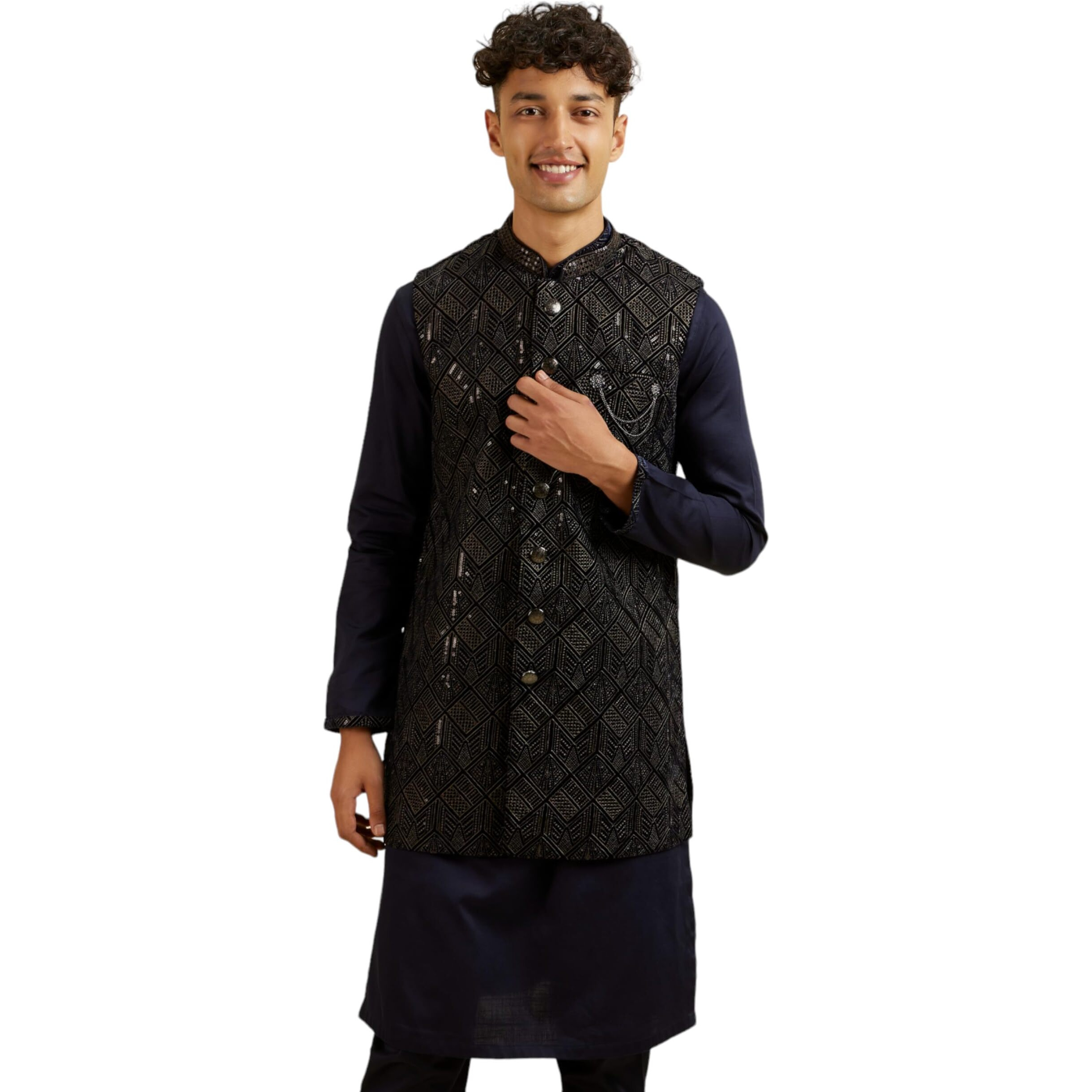 Manyavar Men's Velvet Embroidered|Sequins Jacket Set (Blue,M)