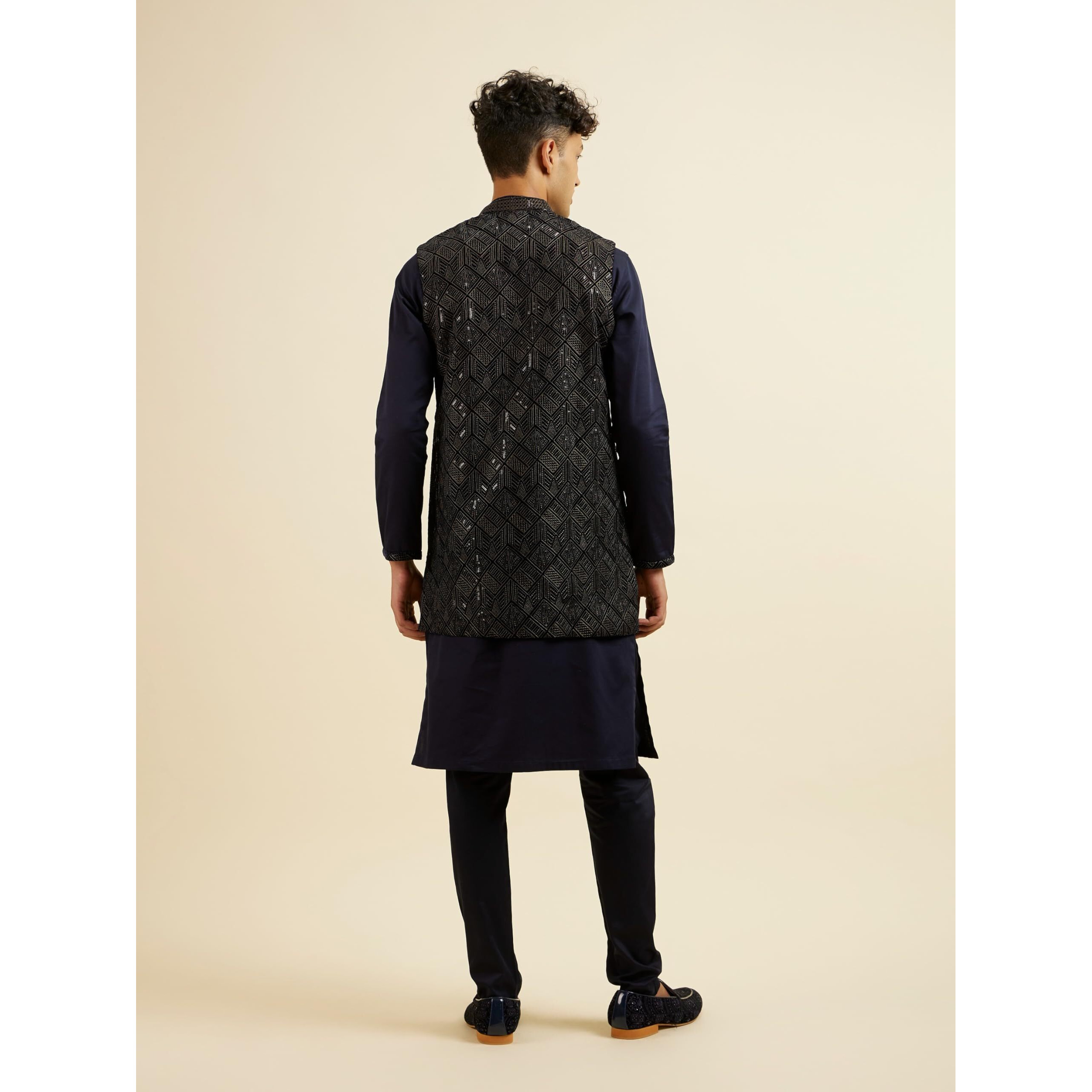 Manyavar Men's Velvet Embroidered|Sequins Jacket Set (Blue,M)