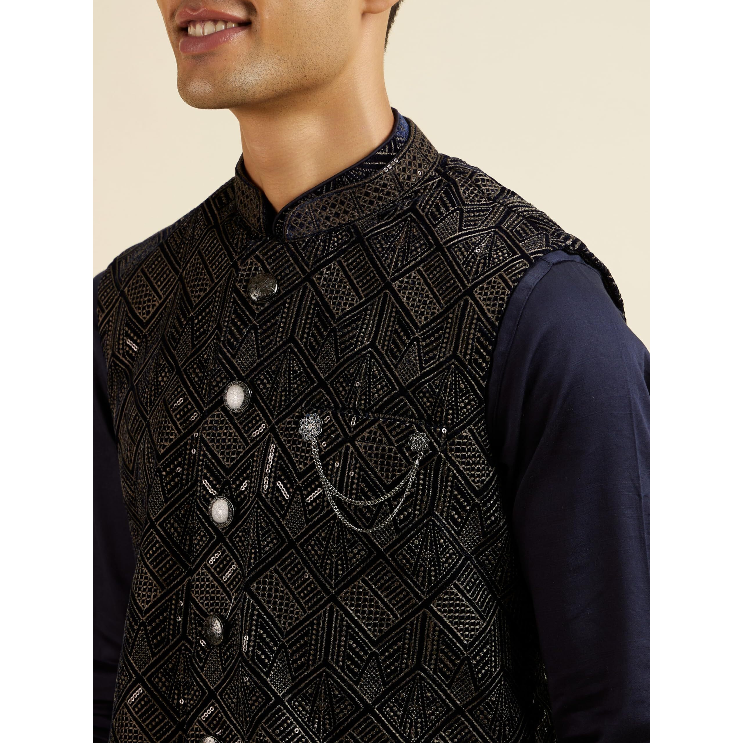 Manyavar Men's Velvet Embroidered|Sequins Jacket Set (Blue,M)