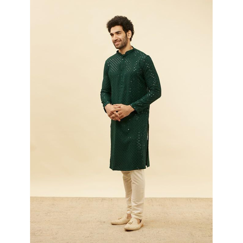 Manyavar Mens Green Viscose Chikankari Kurta Pyjama Set