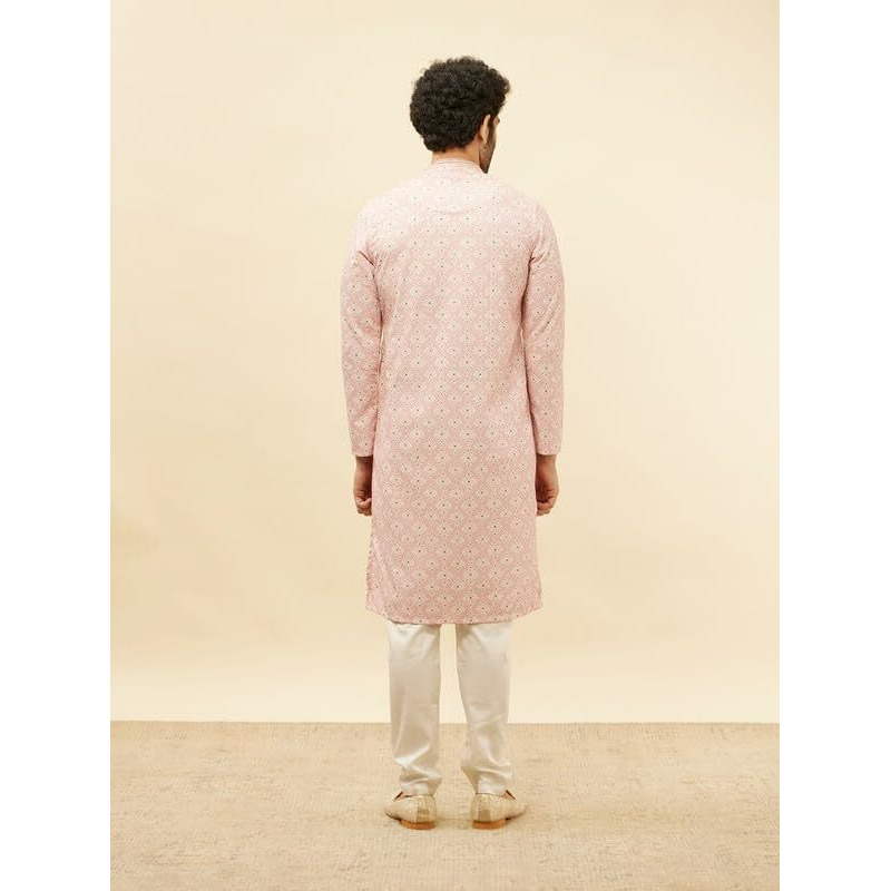 Manyavar Men's Pink Blended Cotton Printed Kurta Pyjama Set