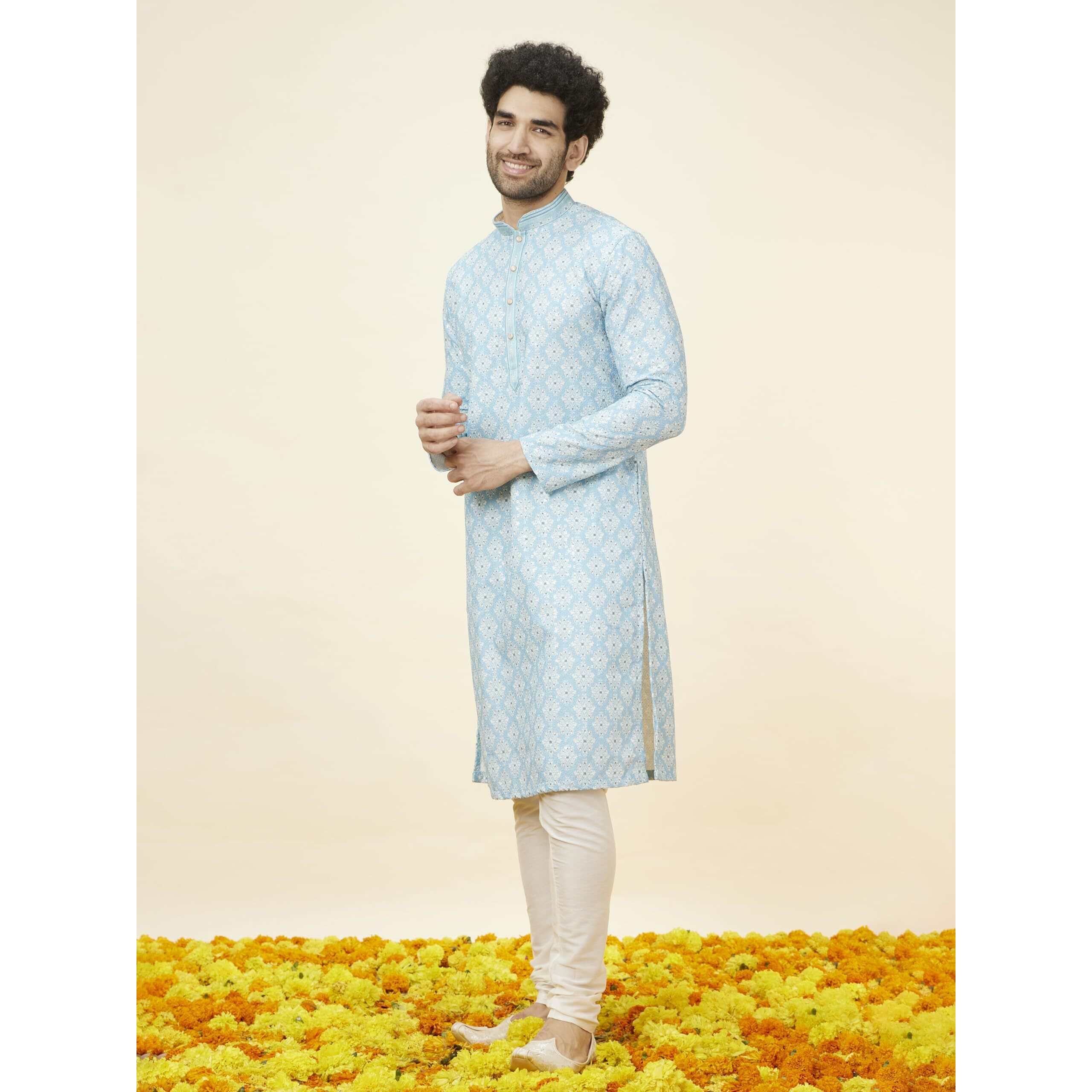 Manyavar Men's Blue Blended Cotton Printed Kurta Pyjama Set