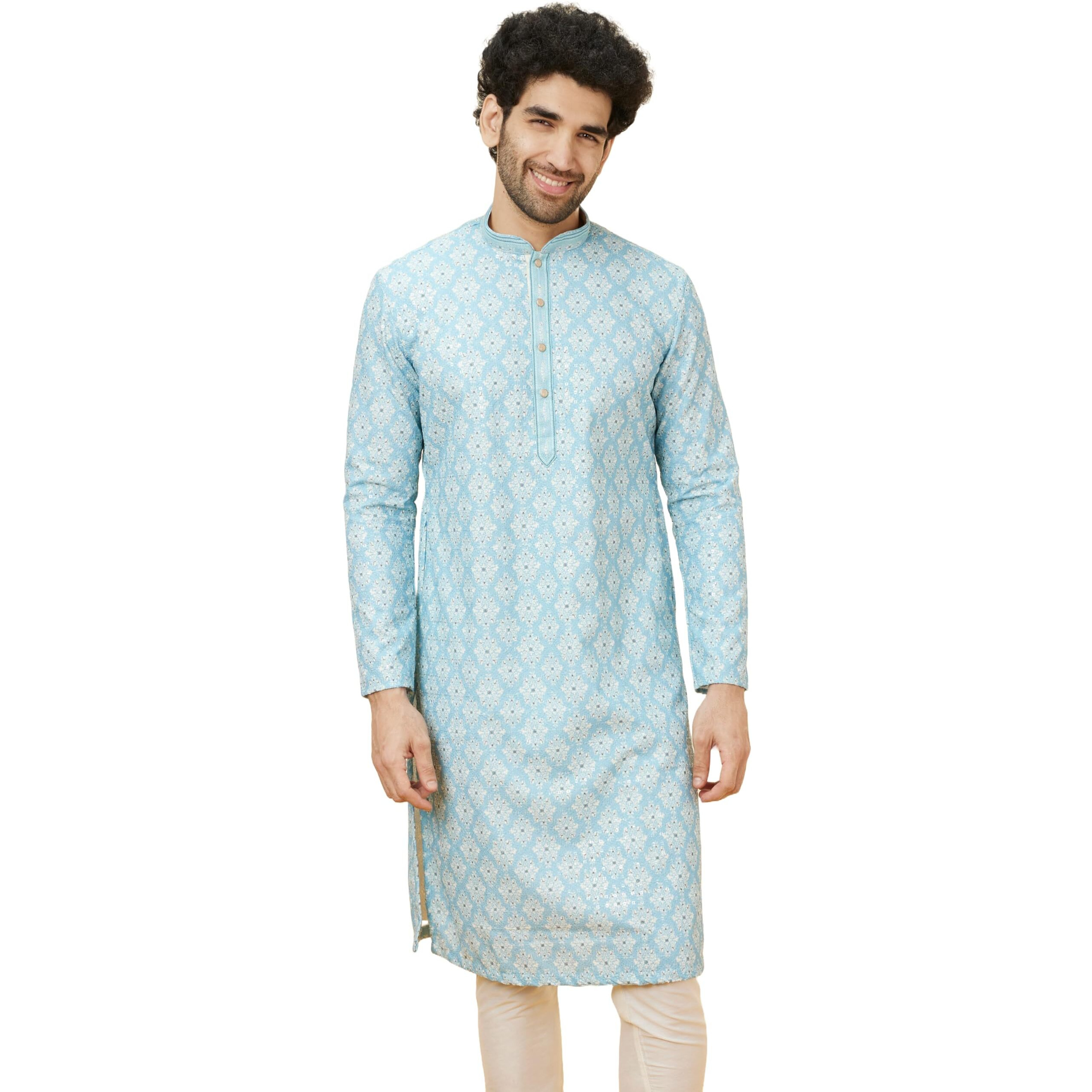 Manyavar Men's Blue Blended Cotton Printed Kurta Pyjama Set