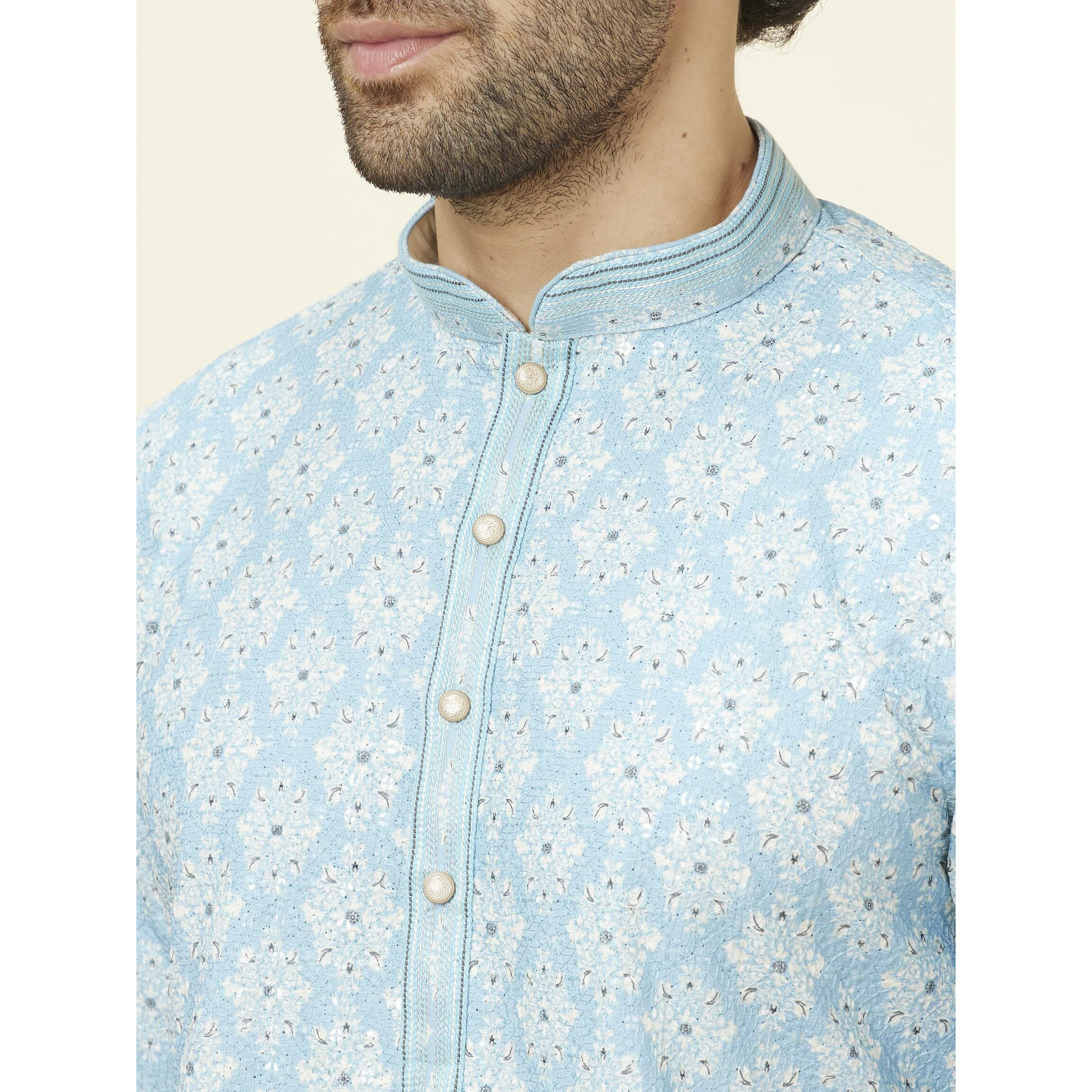 Manyavar Men's Blue Blended Cotton Printed Kurta Pyjama Set