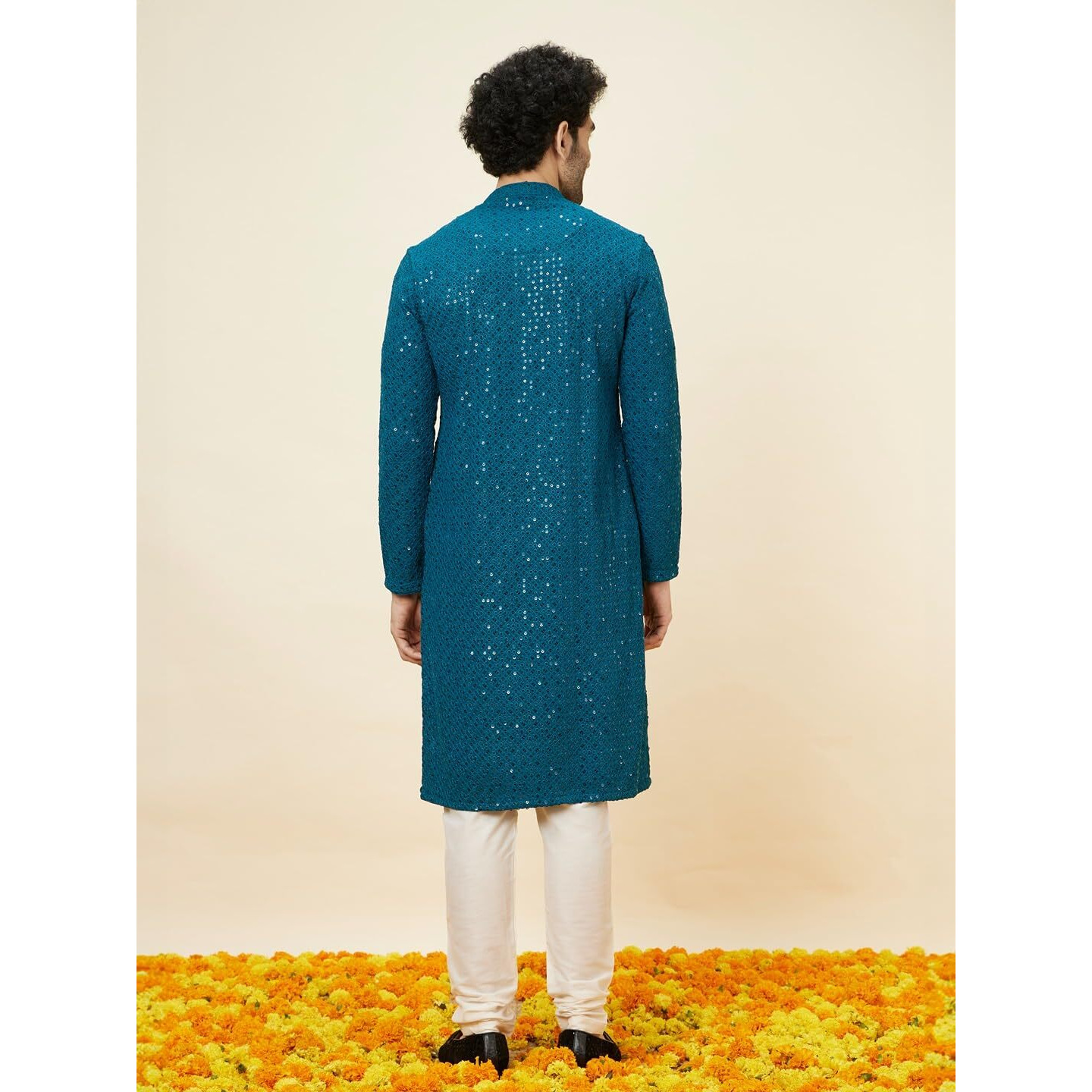 Manyavar Mens Blue Viscose Embroidered Kurta Pyjama Set