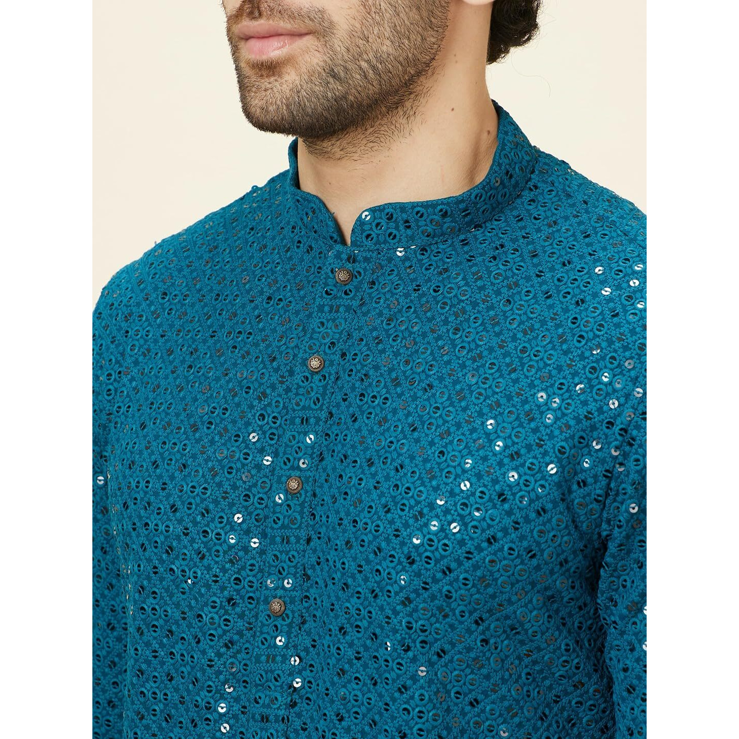 Manyavar Mens Blue Viscose Embroidered Kurta Pyjama Set