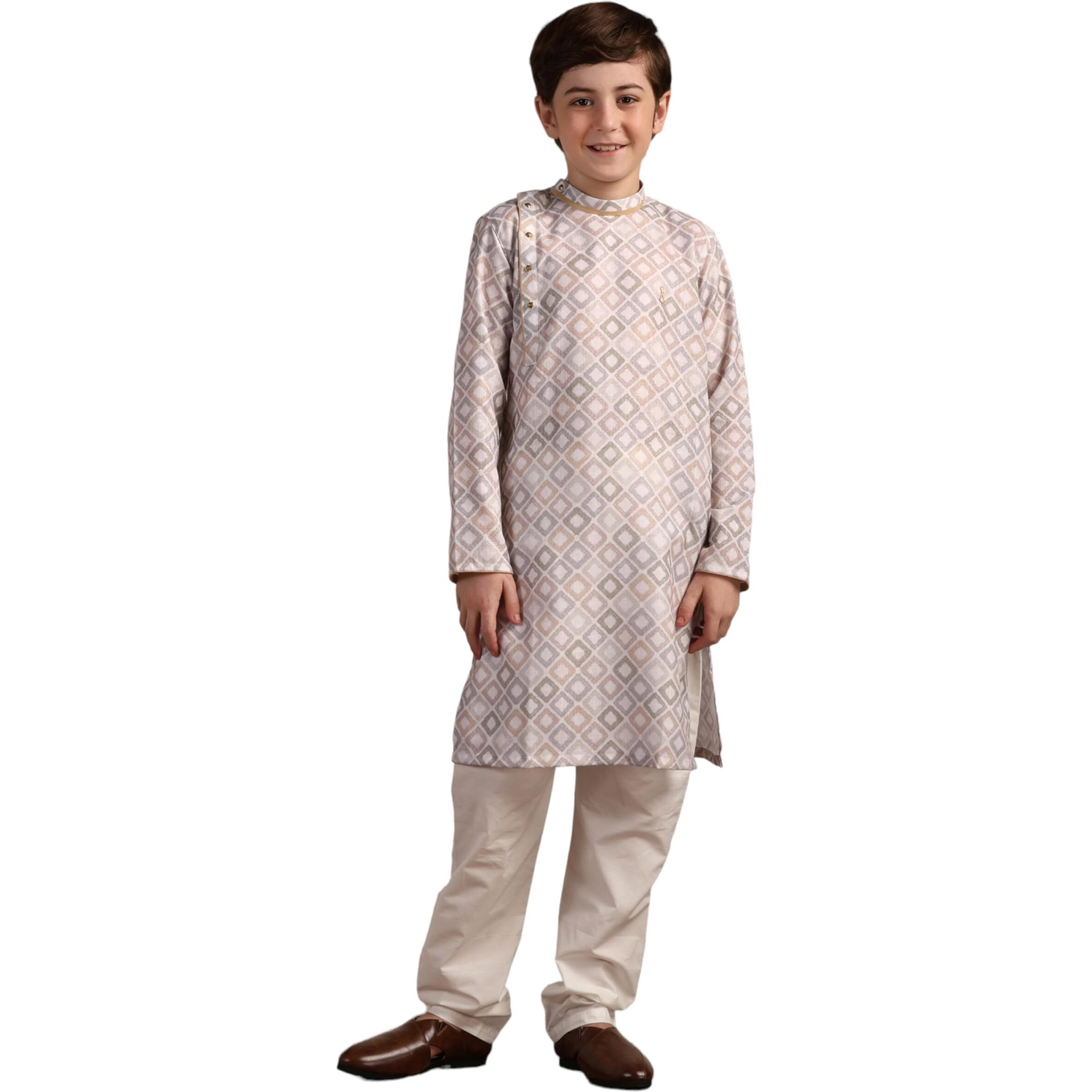 Manyavar Boys Beige Blended Cotton Kurta Pyjama Set(8-10 Years)