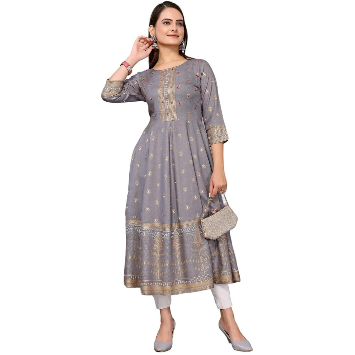 Rangita Grey Rayon Calf Length Embellished Anarkali Kurti For Women | Kurta For Women_Xl